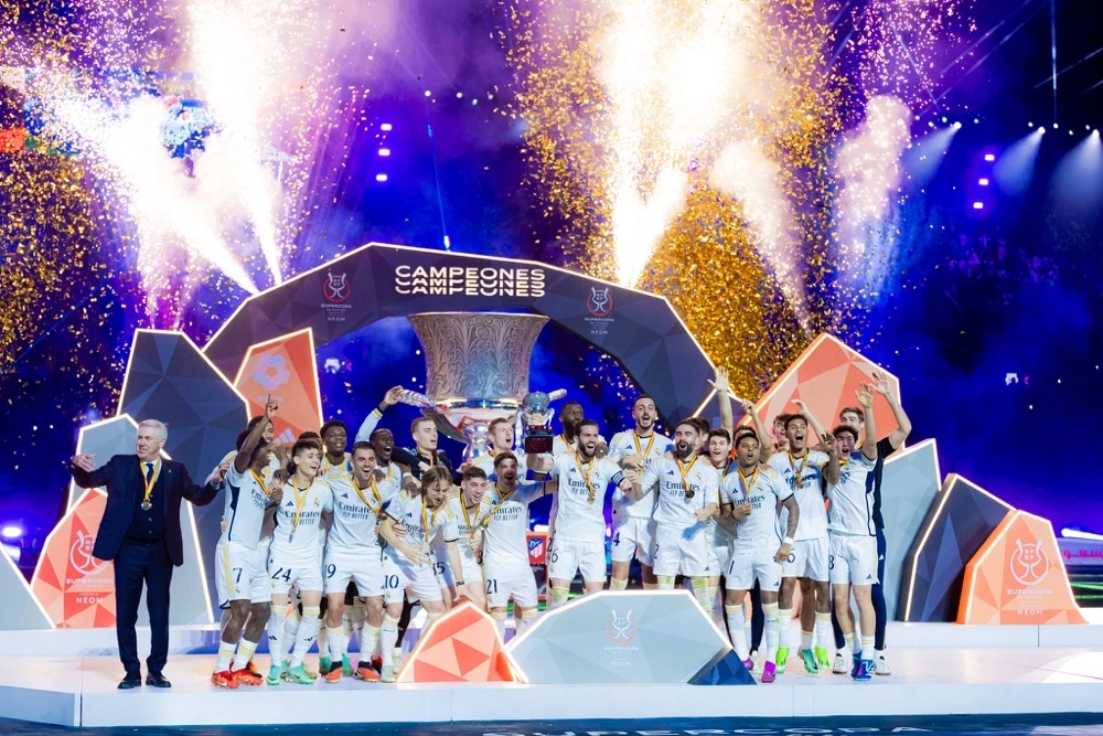 Real Madrid players celebrate winning the Spanish Super Cup at Al-Awwal Park Stadium in Riyadh, on January 14, 2024. (Supplied)