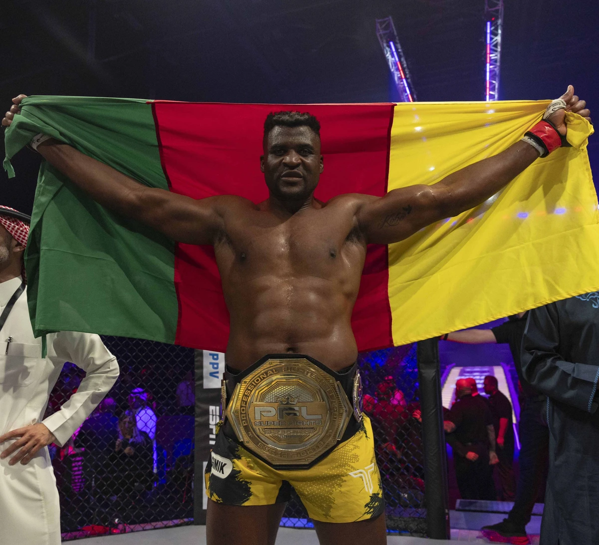 Francis Ngannou made a triumphant and emotional return to the cage on Saturday, dedicating his dominant Professional Fighters League debut victory at “Battle of the Giants: Brace for Impact” in Riyadh to his late son Kobe. (Supplied/PFL)