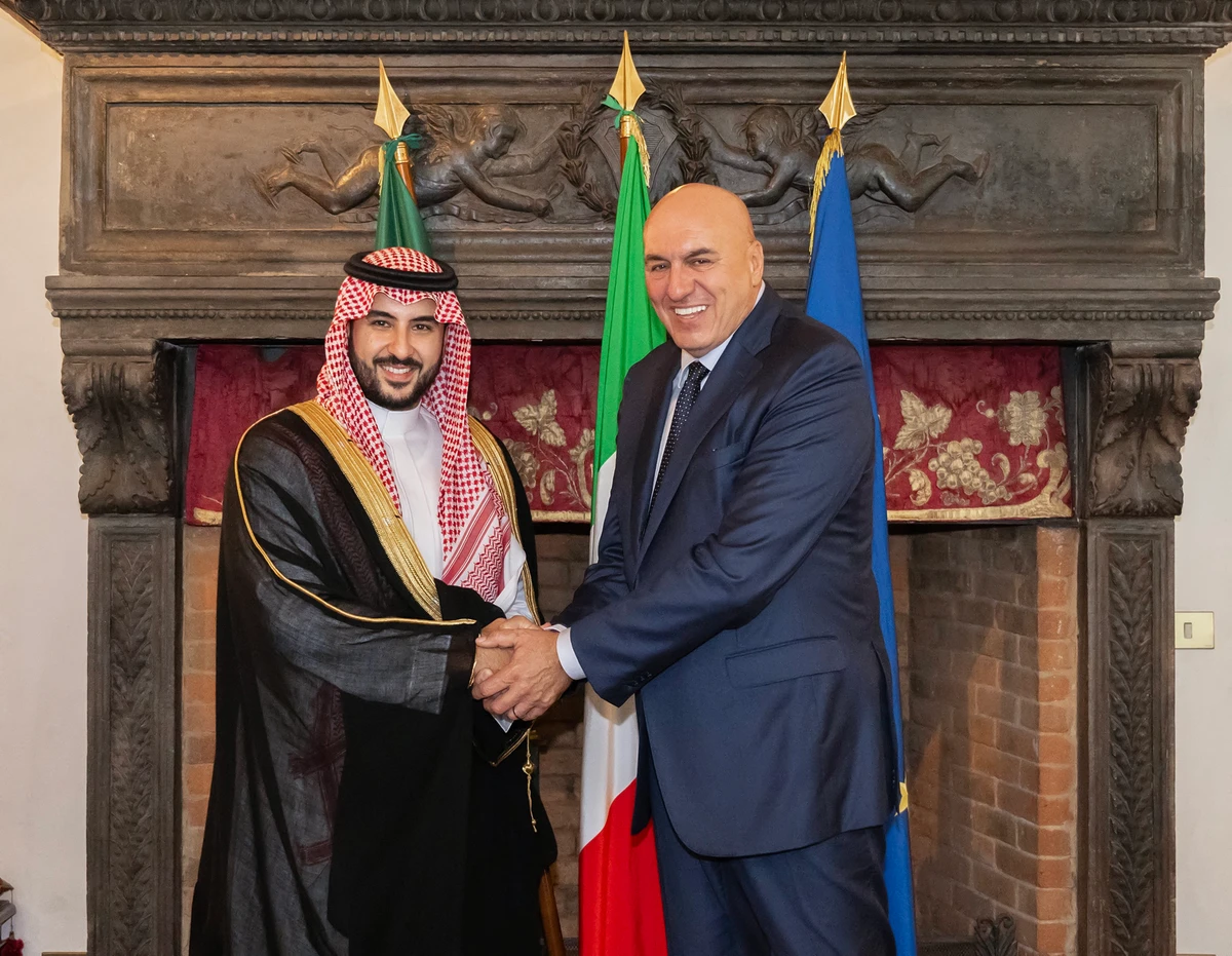 Saudi Minister of Defense Prince Khalid bin Salman is hosted by his Italian counterpart Guido Crosetto in Rome on Tuesday. (SPA)