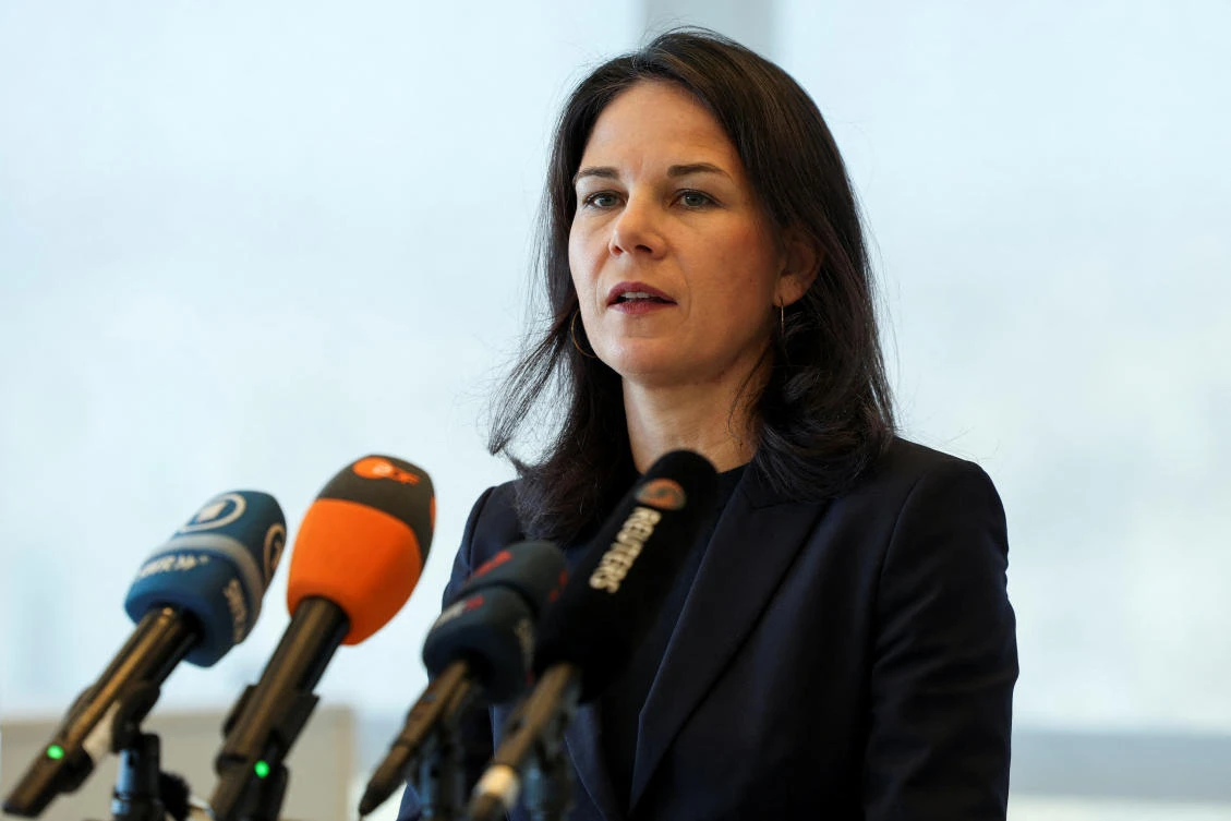 German Foreign Minister Annalena Baerbock attends a press conference at the German embassy in Dekwaneh Oct. 23, 2024. (Reuters)