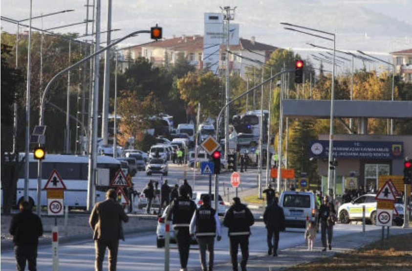 Emergency and security teams are deployed outside of Turkish Aerospace Industries Inc. at the outskirts of Ankara on Oct. 23, 2024. (AP)