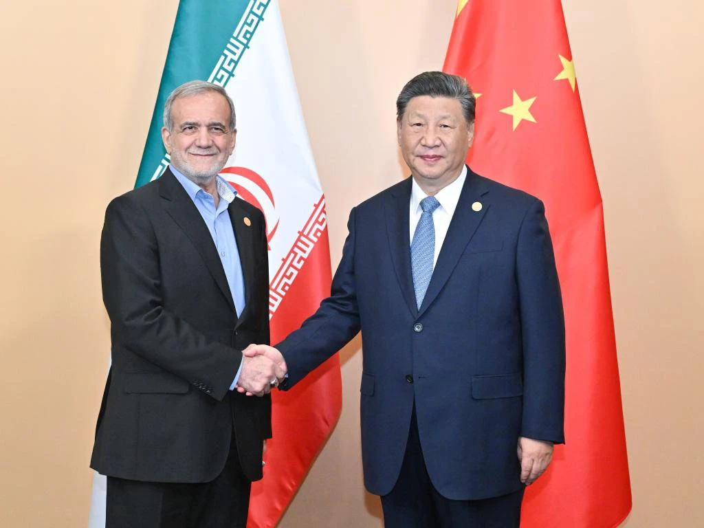 President Xi Jinping welcomes Iranian President Masoud Pezeshkian to the BRICS economic grouping. Xi said China will strengthen cooperation with Iran no matter how the international and regional situation changes. (X: @CCTV)