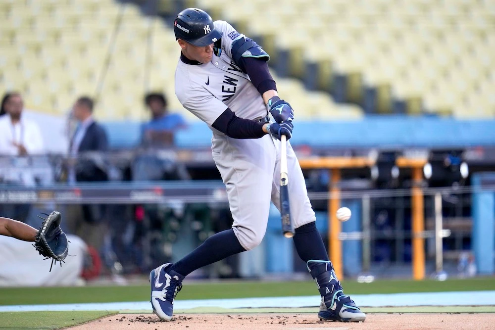 New York Yankees’ Aaron Judge hits during batting practice on media day for the World Series against the Los Angeles Dodgers Thursday in Los Angeles. (AP)