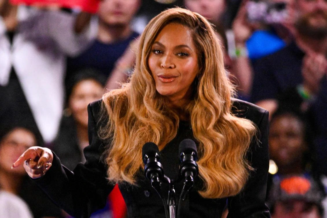 US singer-songwriter Beyonce speaks during a campaign rally for US Vice President and Democratic presidential candidate Kamala Harris at Shell Energy Stadium in Houston, Texas. (AFP)