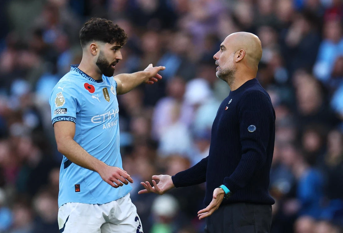 Manchester City manager Pep Guardiola gives instructions to Josko Gvardiol during their Premier League match against Southampton at Etihad Stadium, Manchester, on Oct. 26, 2024. (Reuters)