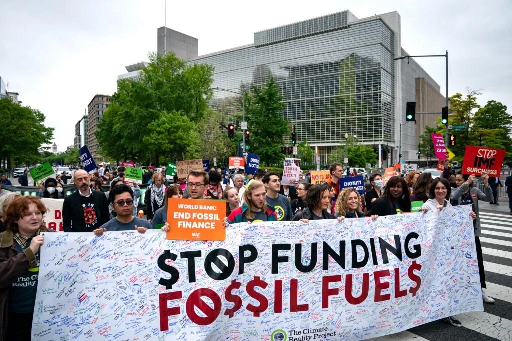 Protesters march in protest outside of the IMF - World Bank Spring Meetings on April 19, 2024 in Washington, DC. (File/AFP)