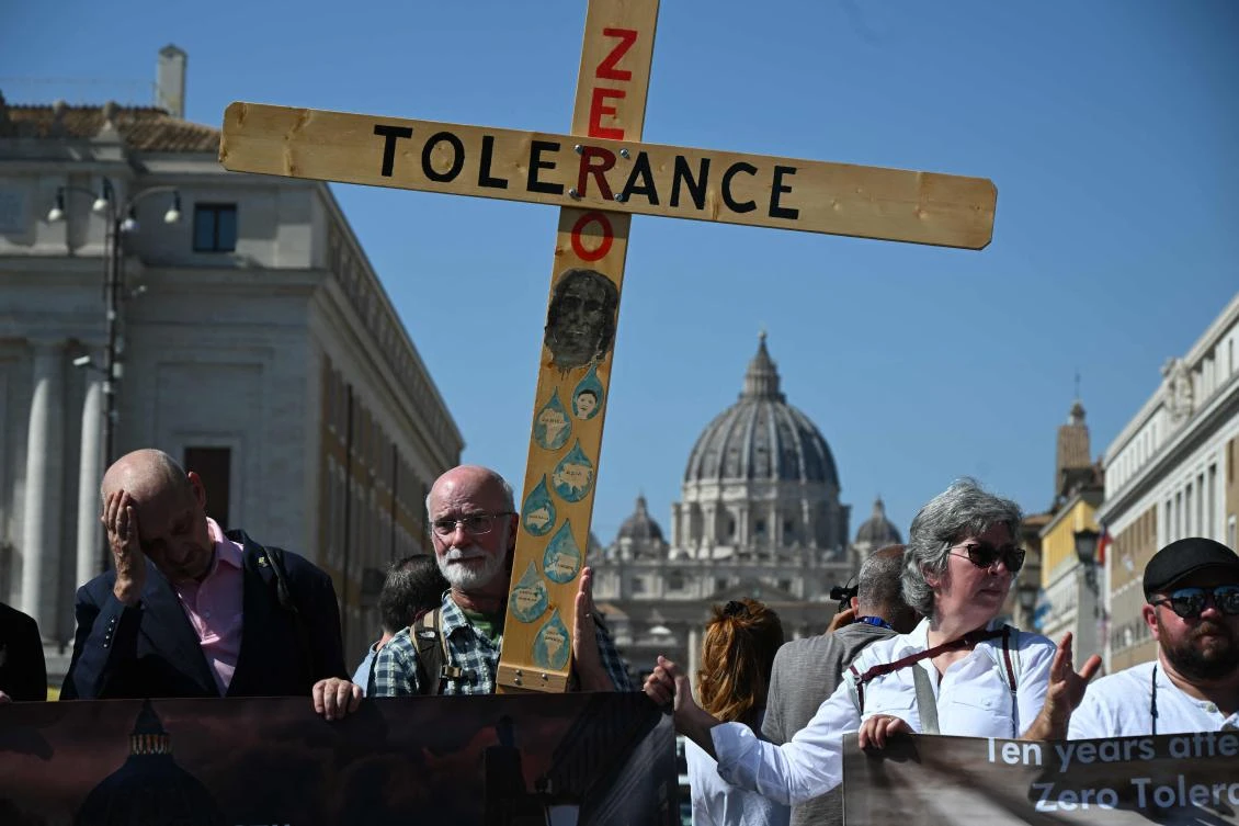 Above, activists hold a protest against pedophilia within the Catholic Church on Sep. 27, 2023. The Vatican’s first report on protecting minors, due on Oct. 29, 2024, was compiled at the personal request of Pope Francis. (AFP)
