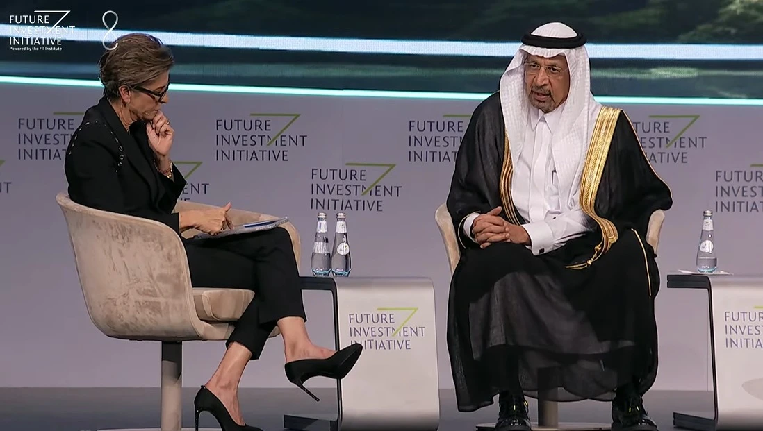 Saudi Investment Minister Khalid Al-Falih speaks at a panel at the FII8 in Riyadh on Tuesday.