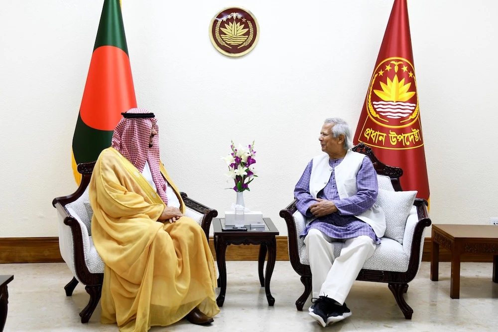 The chief adviser of Bangladesh’s caretaker government, Dr. Muhammad Yunus, meets Saudi Ambassador Essa Al-Duhailan in Dhaka on Oct. 28, 2024. (Chief Adviser’s Office)