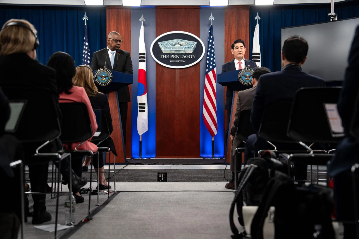 US Secretary of Defense Lloyd Austin and South Korean Defense Minister Kim Yong Hyun participate in a press briefing at The Pentagon on Oct. 30, 2024 in Arlington, Virginia. (Getty Images via AFP)