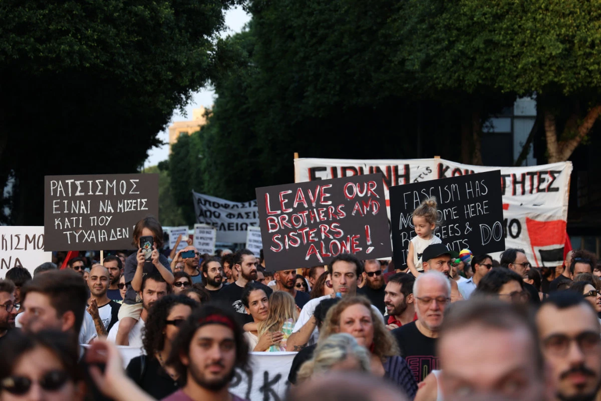 Activists demonstrate in Nicosia on September 10, 2023, to denounce violent unrest targeting migrants in other Cypriot cities. (AFP)