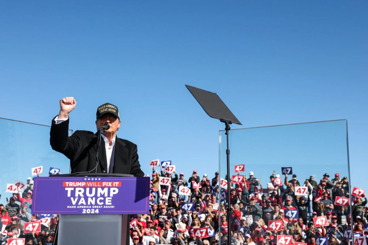 Republican presidential nominee Donald Trump gestures at a rally at Albuquerque International Sunport, in Albuquerque, New Mexico, on Oct. 31, 2024. (REUTERS)