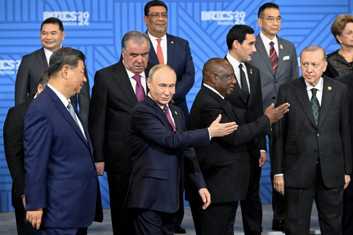 Turkiye's President Erdogan attends a family photo during the BRICS summit in Kazan, Russia on Oct. 24, 2024. (Pool via REUTERS)