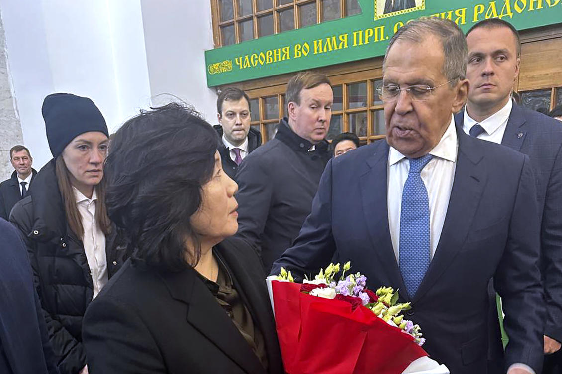 Above, Russian Foreign Minister Sergey Lavrov, right, speaks with North Korean Foreign Minister Choe Son Hui in Moscow on Nov. 1, 2024. (Russian Foreign Ministry Press Service via AP)