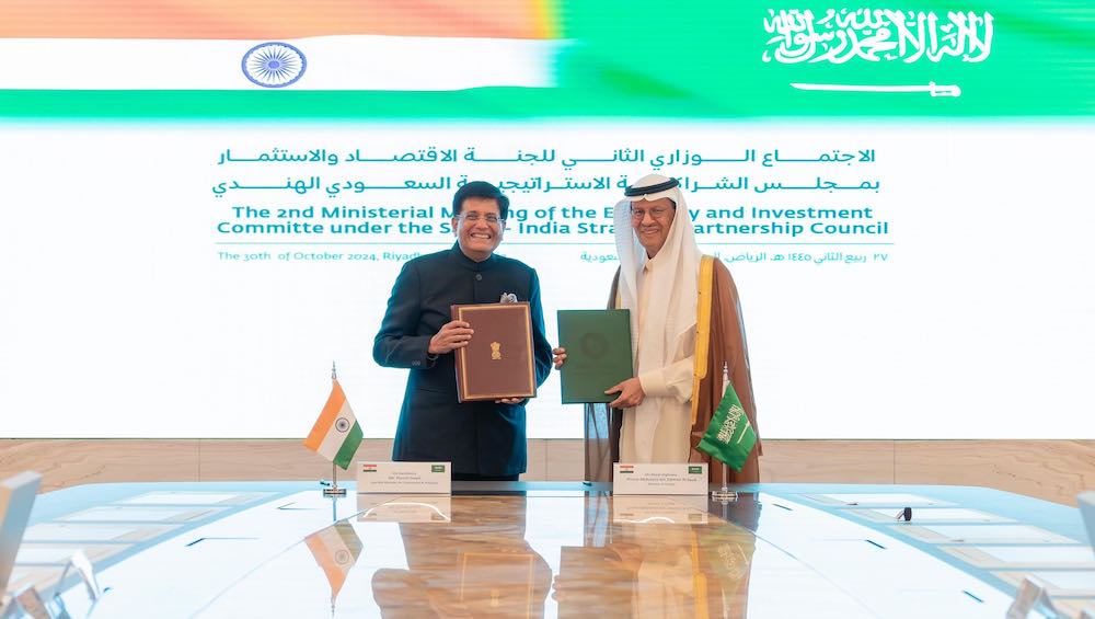 Saudi Energy Minister Prince Abdulaziz bin Salman and Indian Commerce Minister Piyush Goyal co-chair a Saudi-India Strategic Partnership Council meeting in Riyadh, Oct. 30, 2024. (Ministry of Energy)