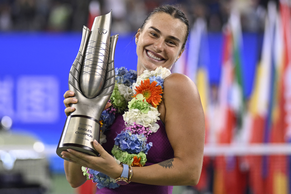 Aryna Sabalenka won the women’s singles final against Zheng Qinwen at the Wuhan Open tennis tournament in Wuhan on Oct. 13, 2024. (AFP)