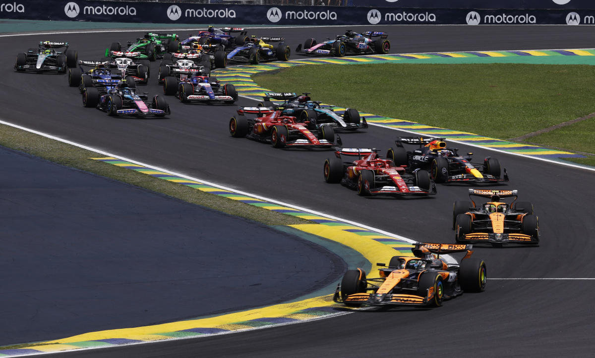 McLaren’s Oscar Piastri, McLaren’s Lando Norris, Ferrari’s Charles Leclerc, Red Bull’s Max Verstappen and riders in action at the start of the sprint race. (Reuters)