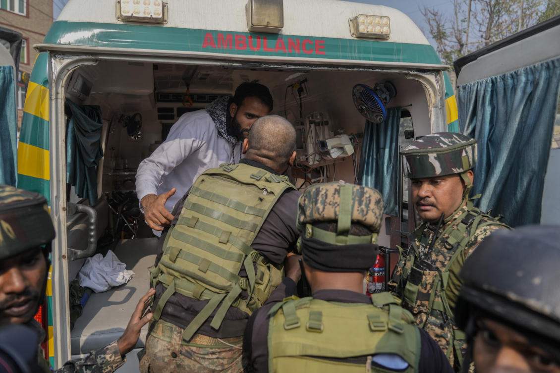 An injured Indian paramilitary soldier is taken to hospital for treatment during a gunbattle, in Srinagar, Indian controlled Kashmir, Saturday, Nov. 2, 2024. (AP)