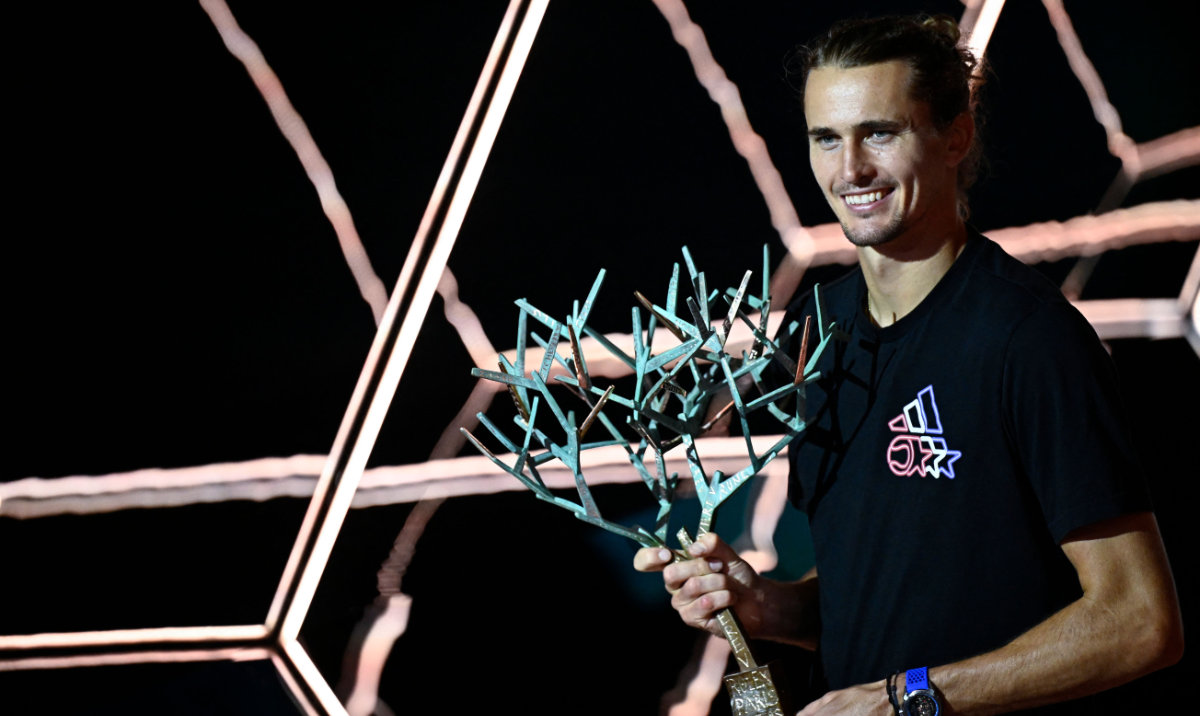 Germany's Alexander Zverev with the trophy after winning the men's singles final match at the Paris ATP Masters 1000 tennis tournament at the Accor Arena - Palais Omnisports de Paris-Bercy - in Paris on Nov. 3, 2024. (AFP)
