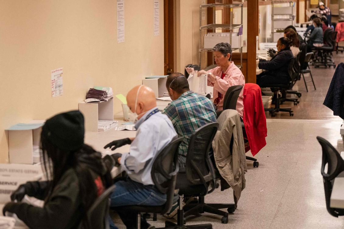 Election personnel process ballots at the San Francisco City Hall voting center on the final day of early voting ahead of Election Day, on November 4, 2024 in San Francisco, California. (Getty Images/AFP)
