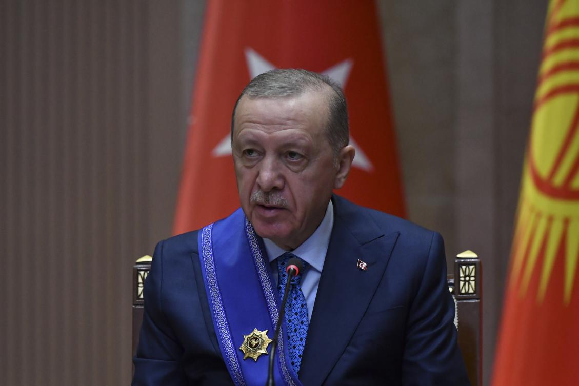 Turkish President Recep Tayyip Erdogan, awarded with The Order of Manas, speaks during a ceremony at Yntymak Ordo State Residence in Bishkek, Kyrgyzstan, Tuesday, Nov. 5, 2024. (AP)