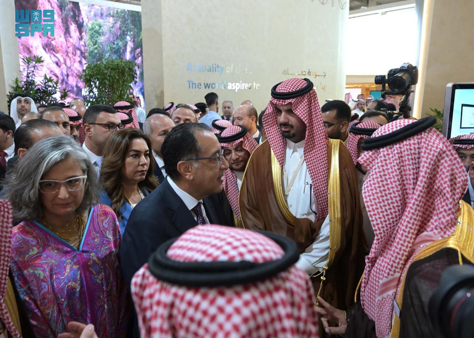 Egyptian Prime Minister Dr. Mostafa Madbouly and Prince Faisal bin Abdulaziz bin Ayyaf, head of the Saudi delegation, visited the Saudi pavilion at the 12th World Urban Forum in Cairo. (SPA)