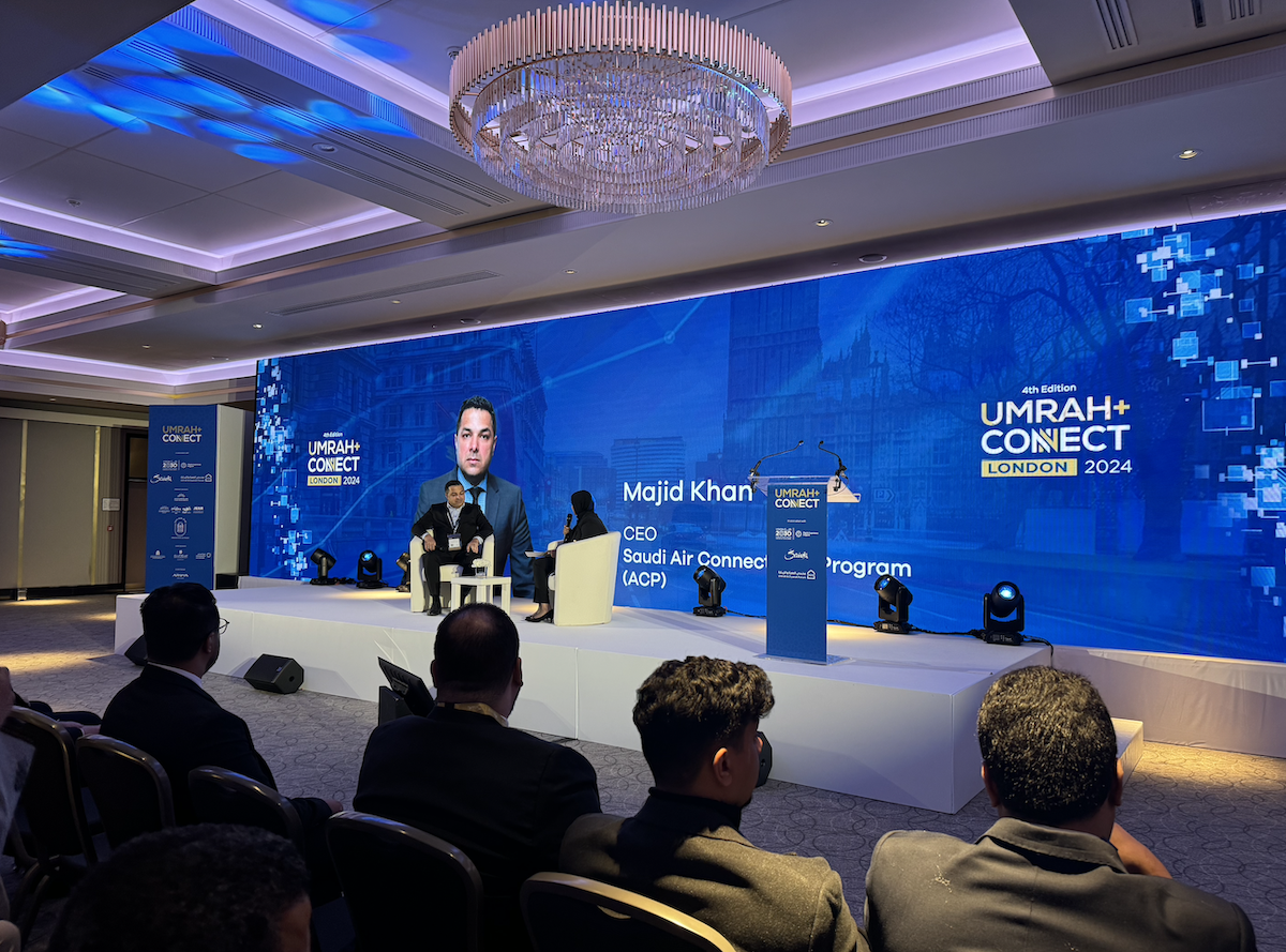The CEO of the Air Connectivity Program Majid Khan speaks at the Umrah+ Connect event in London on Monday November 4, 2024. (AN photo)