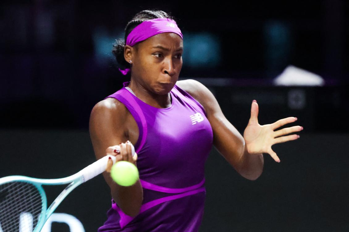 US’ Coco Gauff hits a return against her compatriot Jessica Pegula during their women’s singles tennis match at the WTA Finals Championship in Riyadh on Nov. 3, 2024. (AFP)