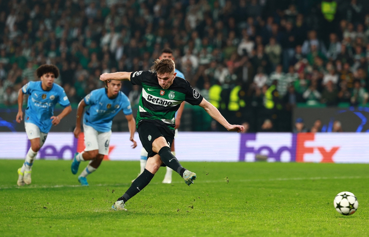 Sporting Lisbon’s Viktor Gyokeres scores their fourth goal from the penalty spot and completes his hat trick during the Champions League soccer match against Manchester City on Tuesday. (Reuters)