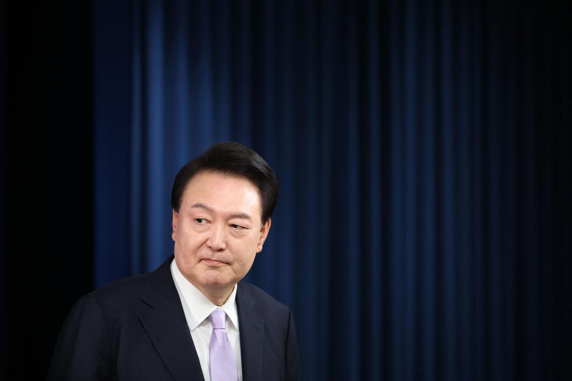 South Korean President Yoon Suk Yeol arrives for a press conference at the Presidential Office in Seoul on November 7, 2024. (AFP)