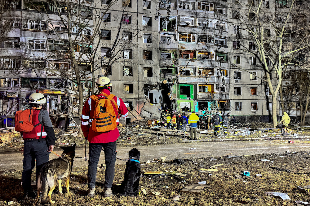 Emergency personnel work at a site of an apartment building hit by a Russian air strike in Kharkiv, Ukraine on Nov. 8, 2024. (Reuters)