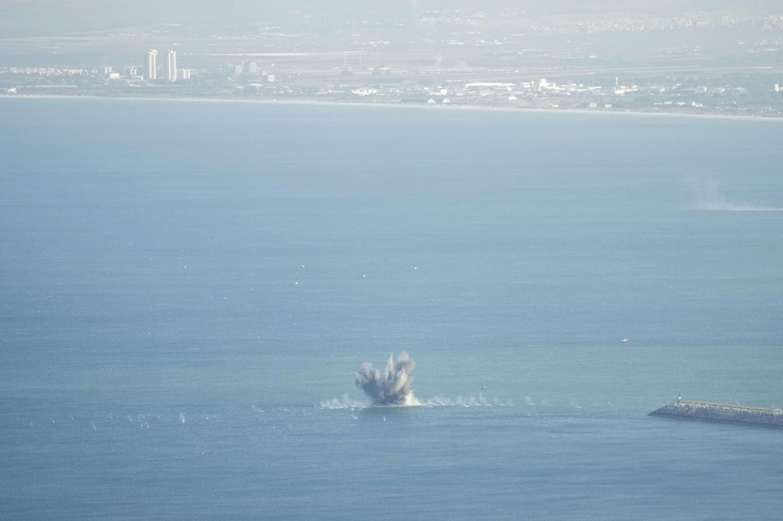 Rockets t launched from Lebanon explode in the Mediterranean Sea as seen from Haifa, northern Israel on Nov. 8, 2024. (AP)