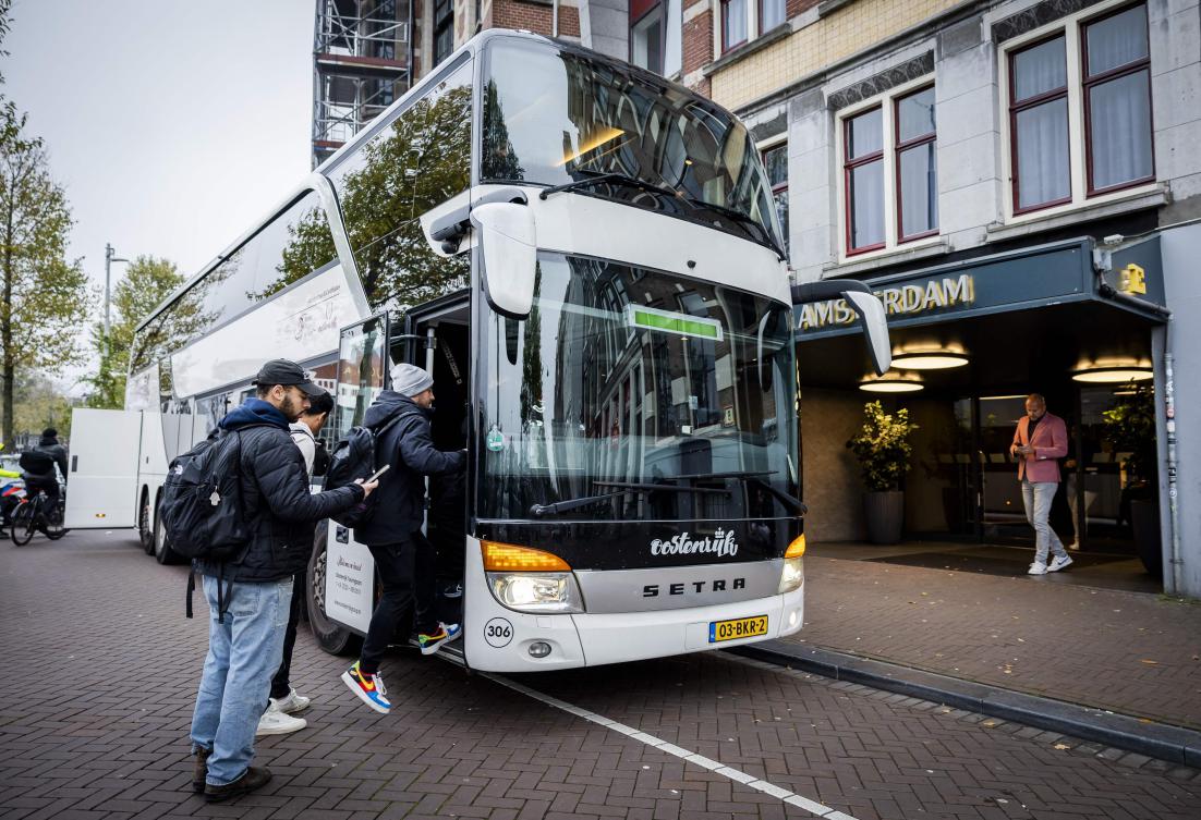 Supporters of Maccabi Tel Aviv leave at a hotel in the center of Amsterdam, on Nov. 8, 2024. (AFP)