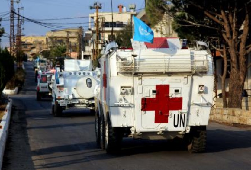A convoy of United Nations Interim Force in Lebanon (UNIFIL) vehicles drive in the Marjayoun area in southern Lebanon, to accompany Lebanese Red Cross ambulances on November 8, 2024, amid the ongoing war between Israel and Hezbollah. (AFP)