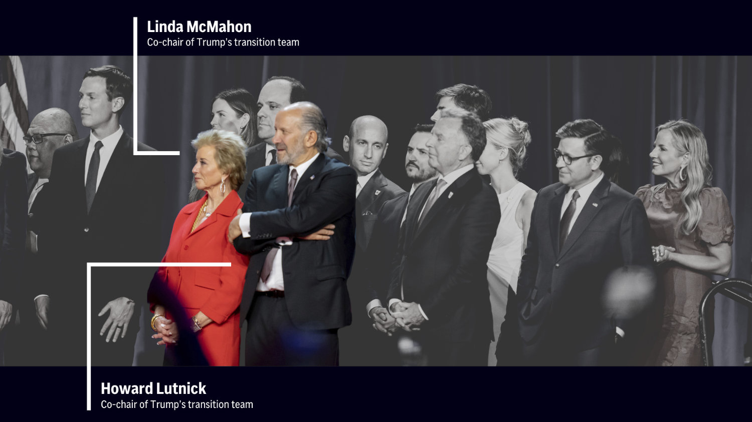 Linda McMahon and Howard Lutnick, co-chairs of Donald Trump's transition team, are among the crew of longtime friends, aides and new allies attending an election night watch party for Donald Trump. (AP)