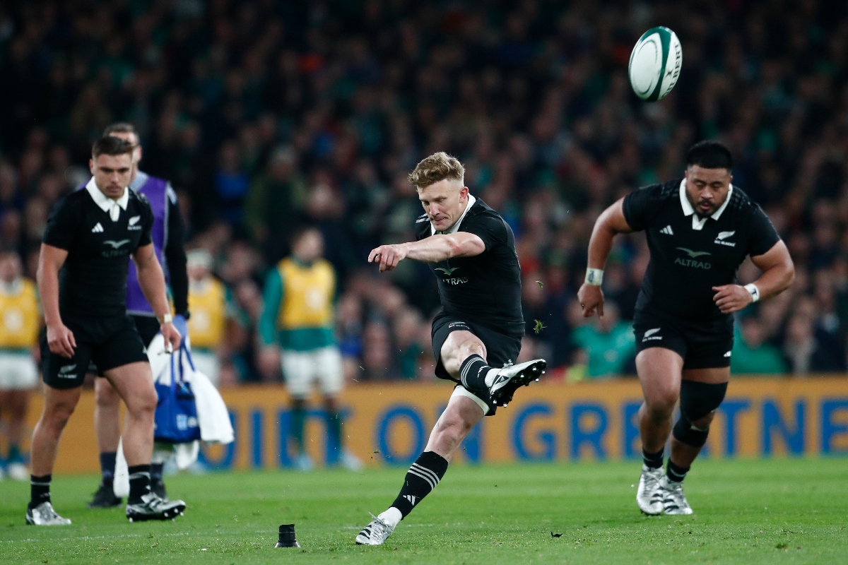 New Zealand's Damian McKenzie, takes a penalty kick during the the Autumn Nations series rugby union match between Ireland and New Zealand at the Aviva Stadium in Dublin Friday. (AP)