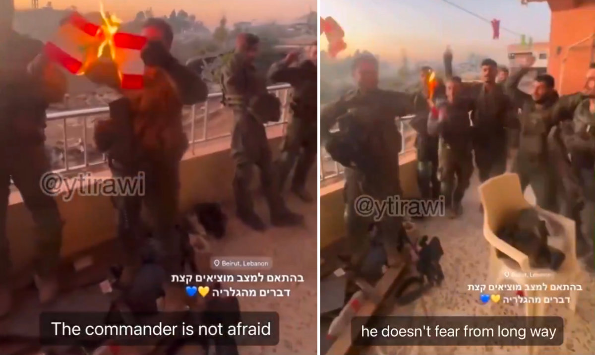 This combination of photos taken from a video shared on social media shows an Israeli soldier burning a paper flag of Lebanon while his companions rejoice. (X)