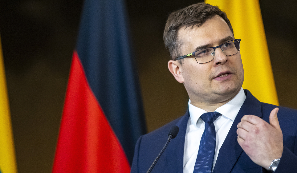 Lithuanian Defense Minister Laurynas Kasciunas speaks during a media joint conference with German Army Chief Lt. Gen. Alfons Mais and Lithuanian Chief of Defence Gen. Valdemaras Rupsys, in Vilnius, Lithuania, Monday, April 8, 2024. (AP)