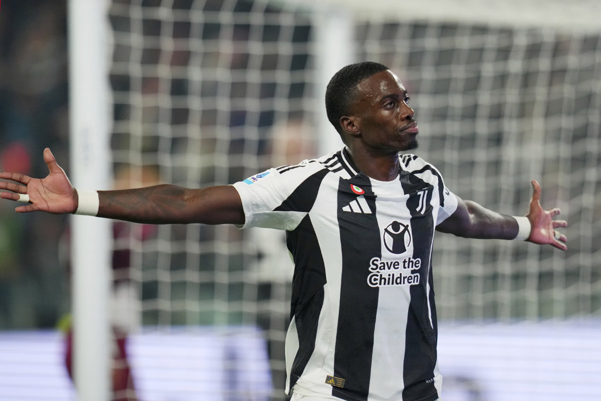 Juventus’ Timothy Weah celebrates after scoring their side's first goal during the Serie A soccer match between Juventus and Torino at Allianz Stadium in Turin Saturday. (AP)