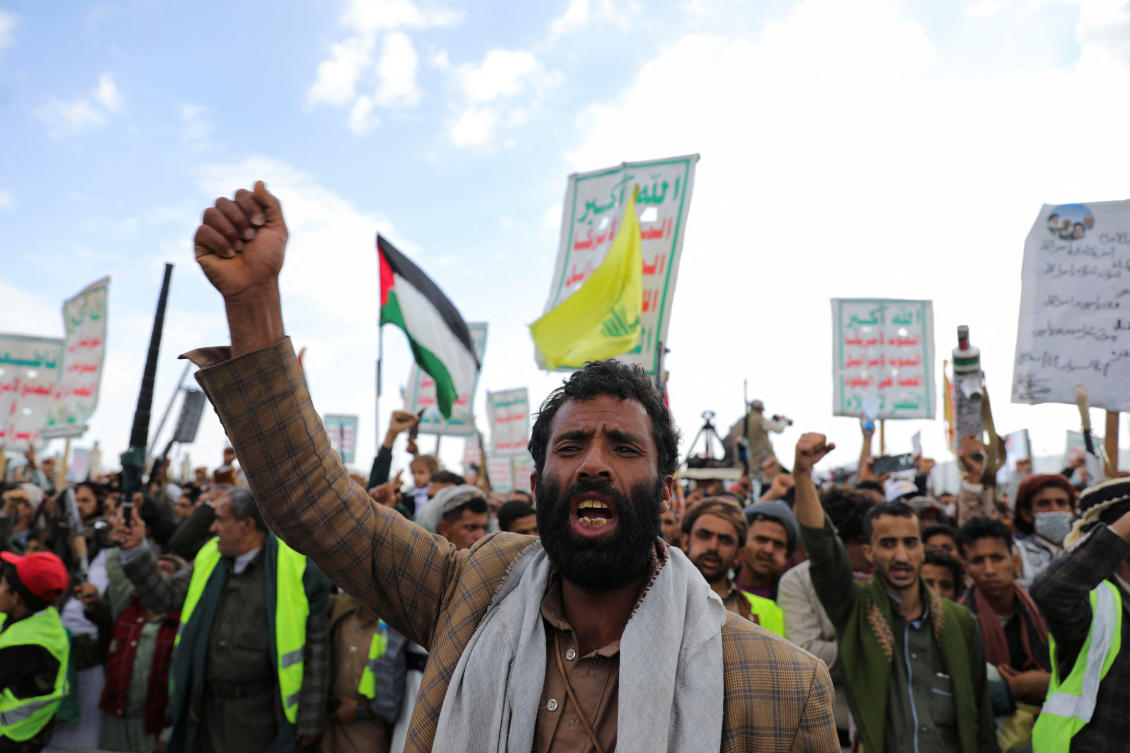 Protesters, mainly Houthi supporters, shout slogans during a rally to show support to Palestinians and Lebanon’s Hezbollah in Sanaa on Nov. 8, 2024. (Reuters)