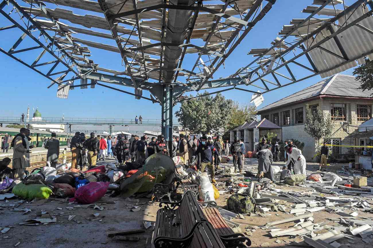 Passengers’ belongings are seen scattered on the platform after an explosion at a railway station in Quetta, in Pakistan’s Balochistan province, on November 9, 2024. (AFP)