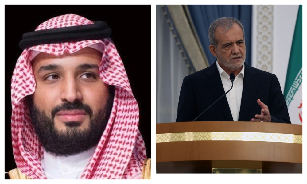 Saudi Crown Prince Mohammed bin Salman and Iranian President Masoud Pezeshkian. (File/SPA/AFP)