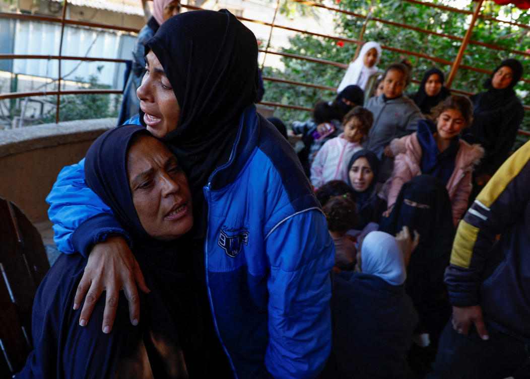 Relatives mourn Palestinians killed in an Israeli strike on a cafe, at Nasser hospital in Khan Younis in the southern Gaza Strip, November 12, 2024. (REUTERS)