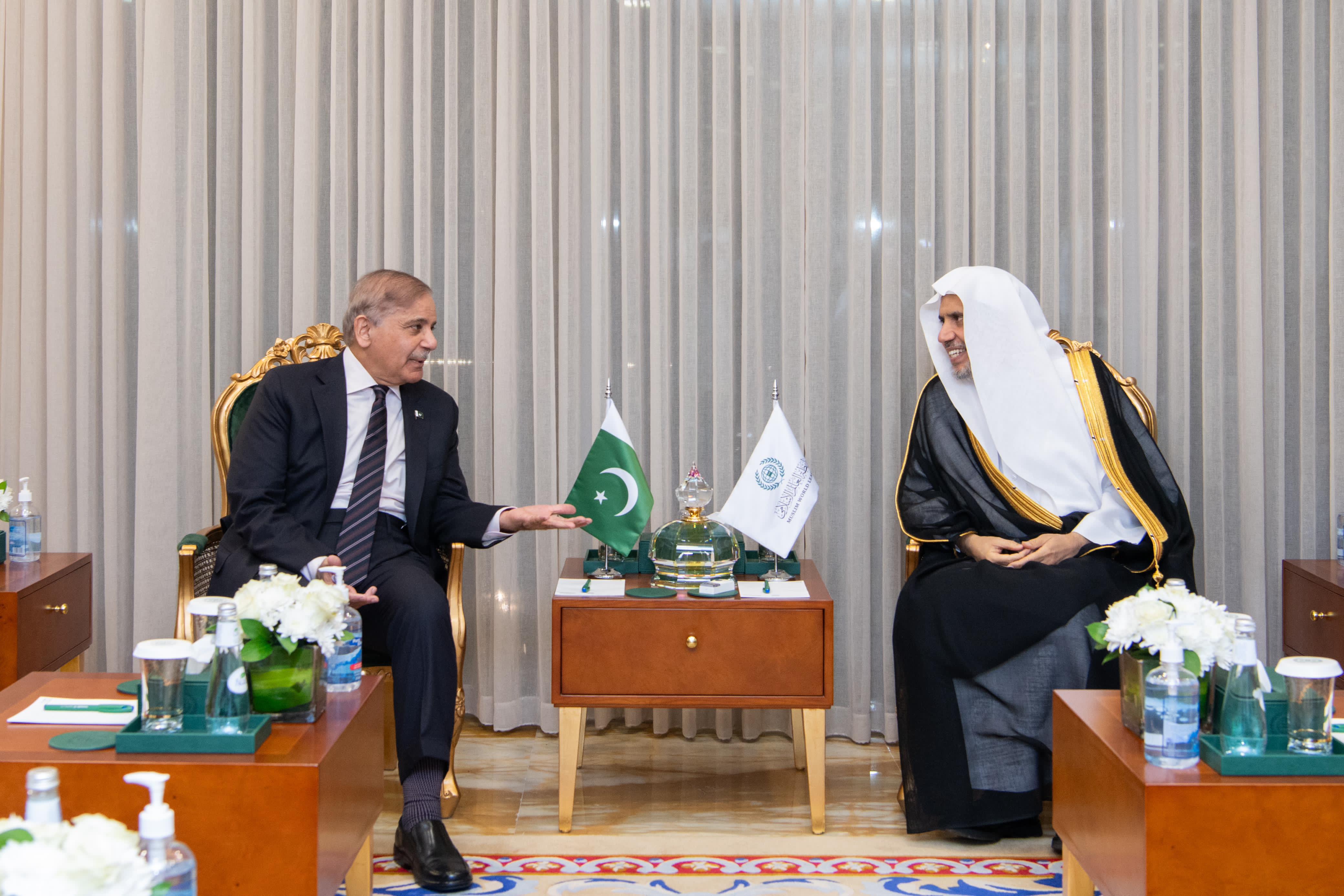 Pakistan’s Prime Minister Shehbaz Sharif meets with Dr. Mohammed bin Abdulkarim Al-Issa, the Muslim World League ’s secretary-general, in Makkah. (Supplied)