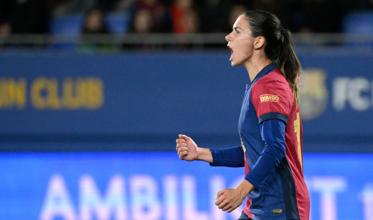Barcelona's Spanish midfielder #14 Aitana Bonmati celebrates scoring her team's third goal with teammates during the UEFA Women's Champions League preliminary round 1 day 3 Group D football match between FC Barcelona and SKN St. Polten at the Estadi Johan Cruyff in Barcelona on November 12, 2024. (AFP)