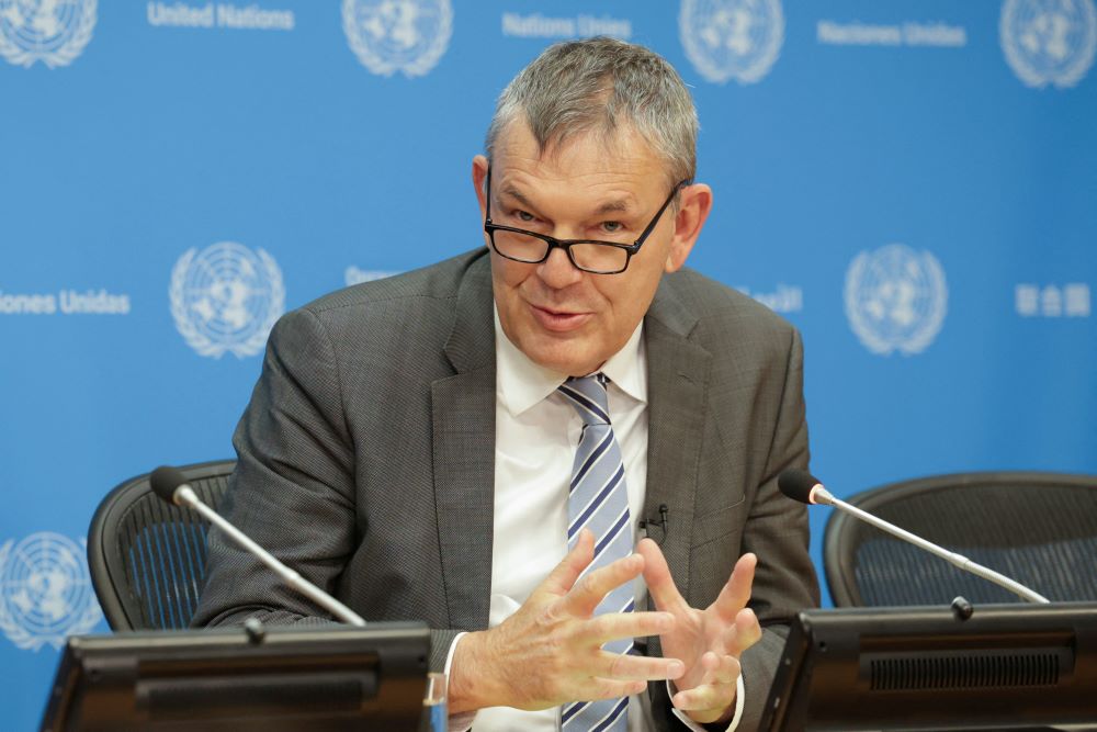Philippe Lazzarini, the Commissioner General of the UN Relief and Works Agency for Palestine Refugees (UNRWA) holds a briefing at UN headquarters, New York, US, Nov. 13, 2024. (Reuters)