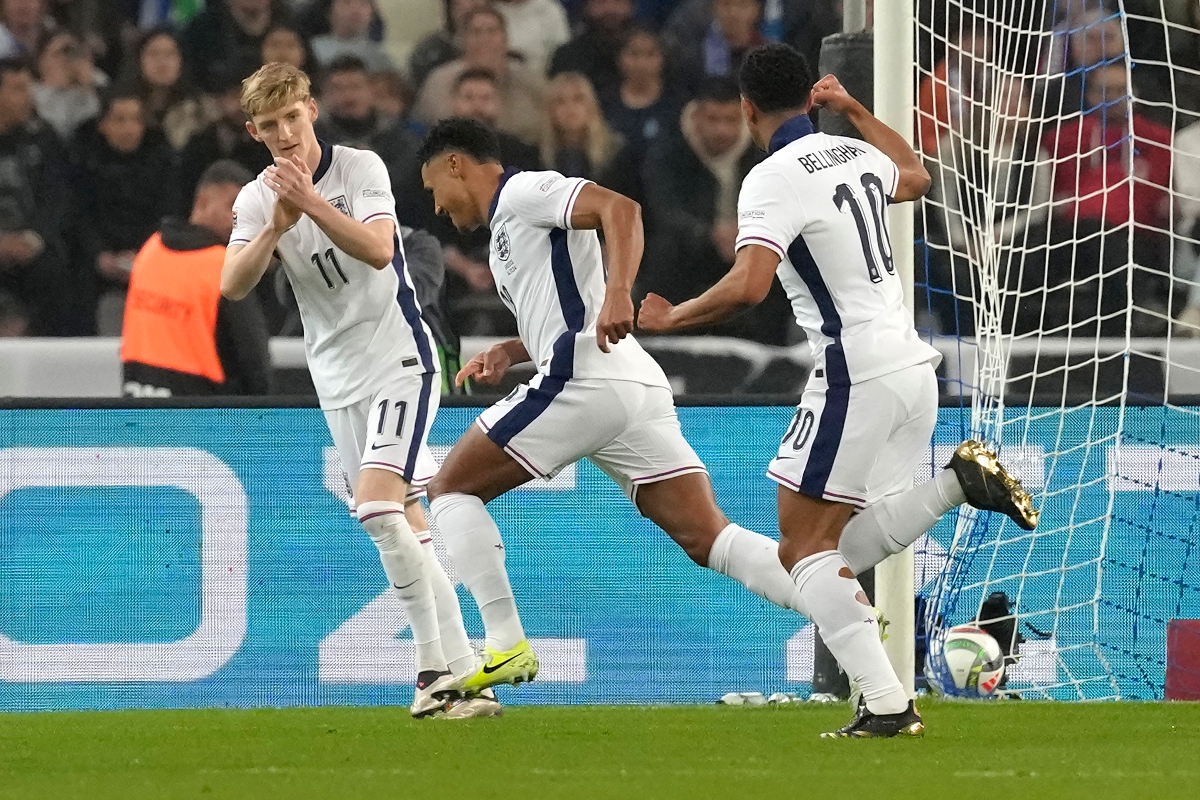 England's Ollie Watkins, center, celebrates after scoring the opening goal during the UEFA Nations League Group F soccer match between Greece and England at Olympic Stadium in Athens Thursday. (AP)
