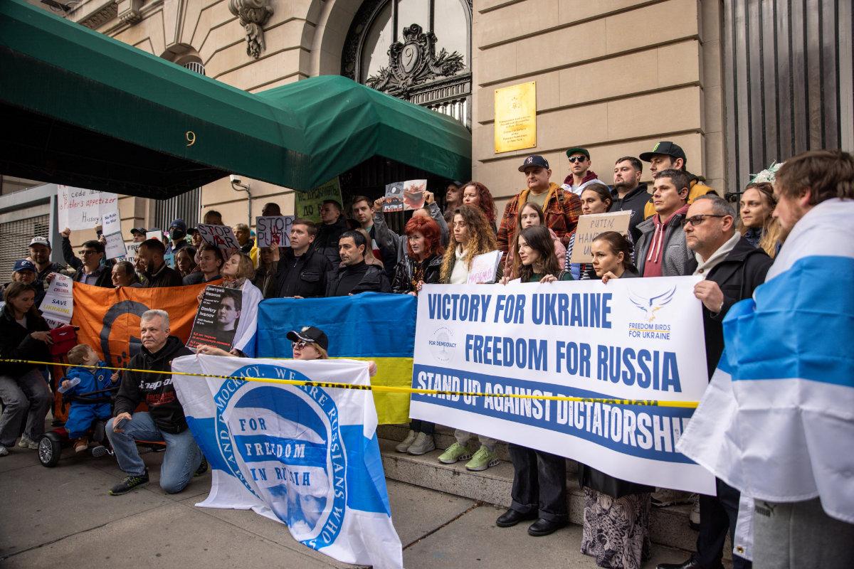 Activists protest in front of the Russian consulate in New York City on Nov. 17, 2024, as they mark the approaching 1000th day of Russia's full-scale invasion of Ukraine. (REUTERS)