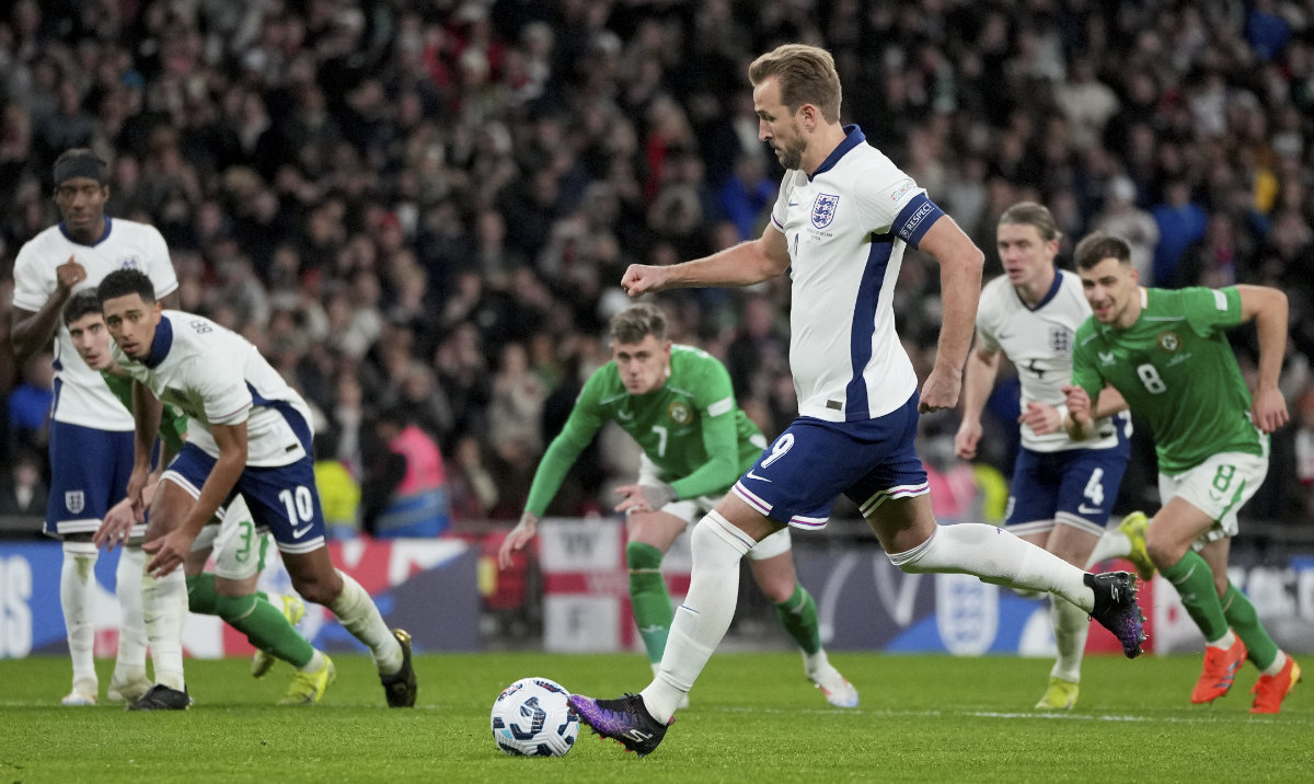 England's Harry Kane scores the opening goal from the penalty spot during the UEFA Nations League match between England and the Republic of Ireland at Wembley stadium in London Sunday. (AP)