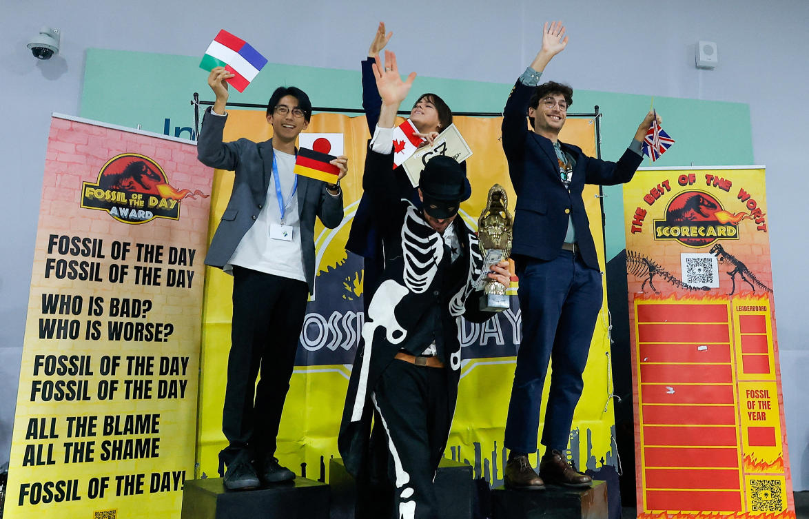 Protestors participate in the "Fossil of The Day" action at the United Nations Climate Change Conference (COP29) in Baku, Azerbaijan.(REUTERS)